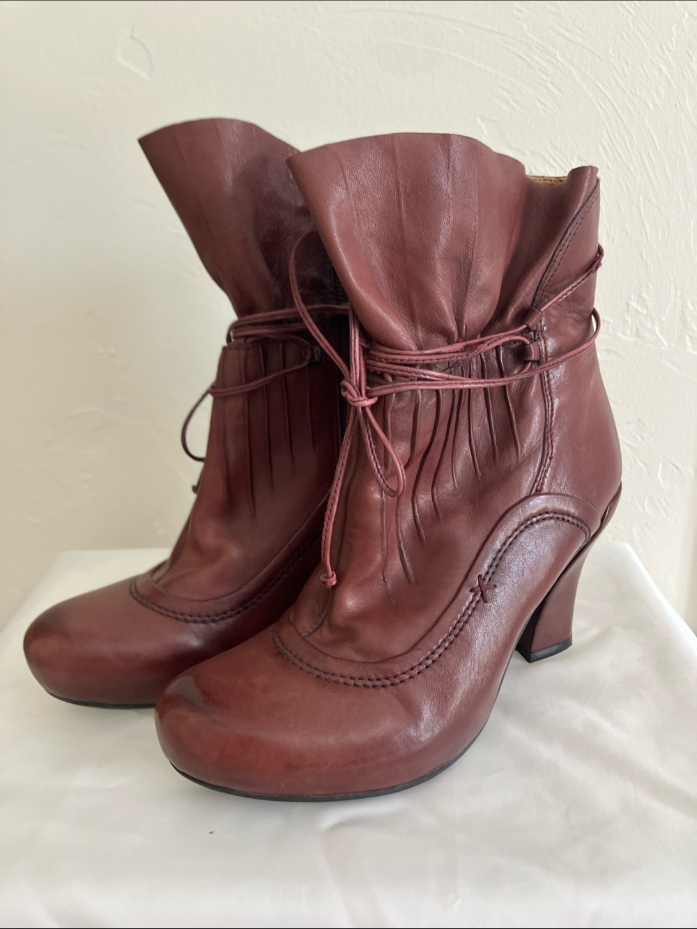 Earthies Burgundy Leather Ankle Booties with Wrap Laces